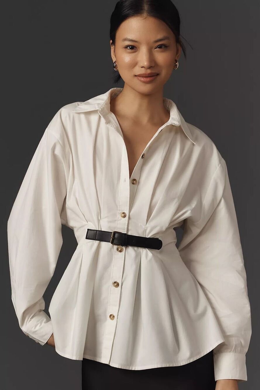 Anthropologie Cream Button-Down Peplum Shirt